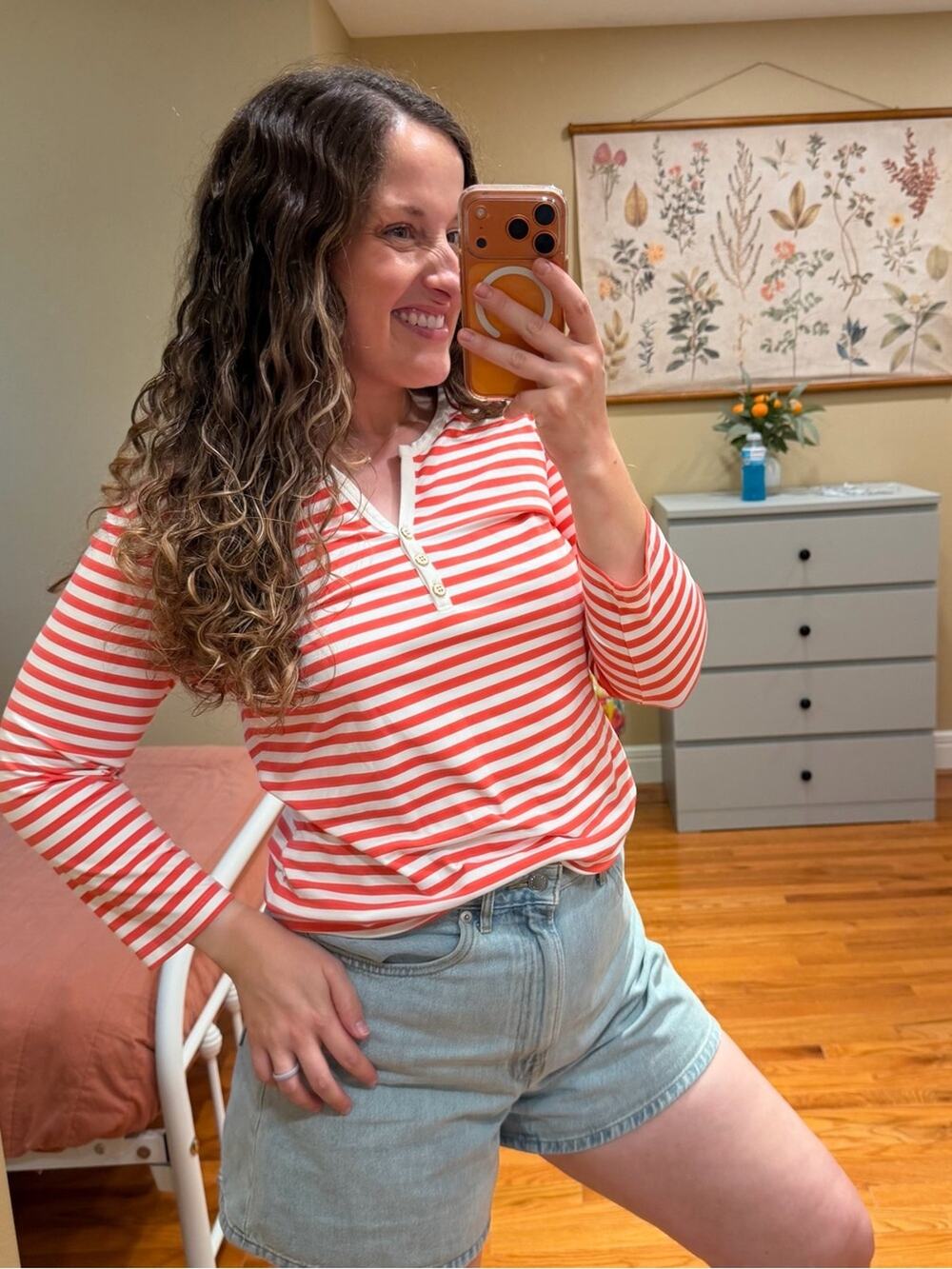 J. McLaughlin Striped Long-Sleeve Henley Top in Coral and White Pink Large